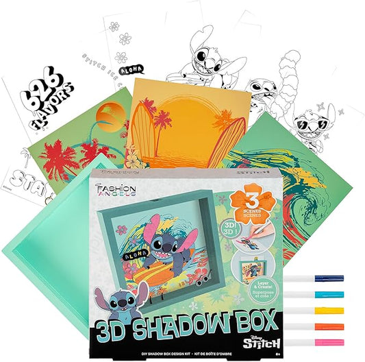 Fashion Angels Disney Stitch DIY 3D Shadow Box Kit, Kids Craft Set with Markers, Colorable Inserts & Backgrounds, Ideal Art Project for Girls & Boys Ages 8+