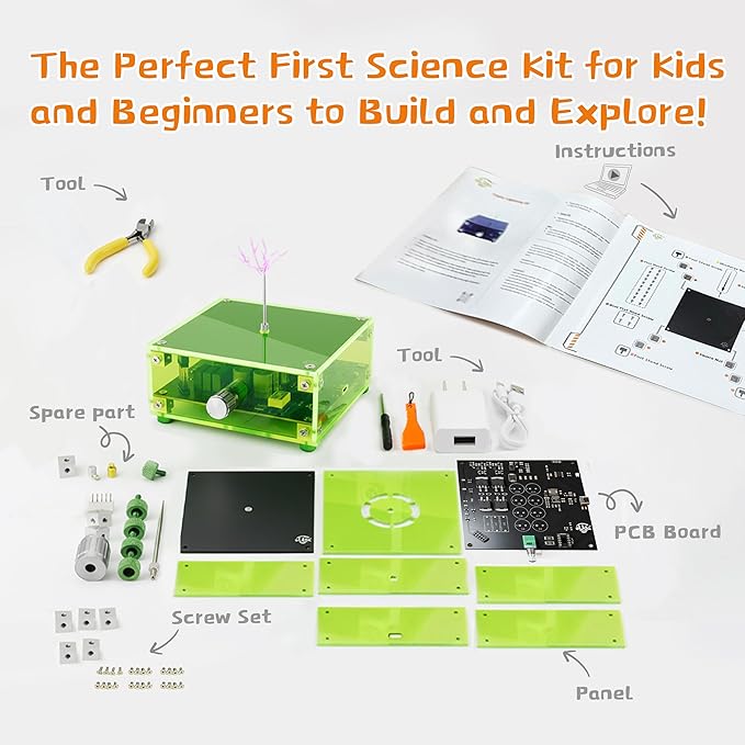 STEM Science Building Kit for Kids–Electronic Tesla Lightning Kit–Easy DIY Science Gadgets & Crafts–Unique Educational Gift Toys for Fun and Learning(Assembly Version) (Bear-Fluorescent Green)