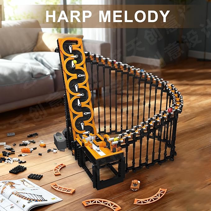 Sosuy Motorized Harp Marble Roller Coaster Building Blocks Set, 1547+ Pcs, Track with Loops & Lift Mechanism, STEM Toys for Boys Girls Teens Adults, for Boys Kids Men Women