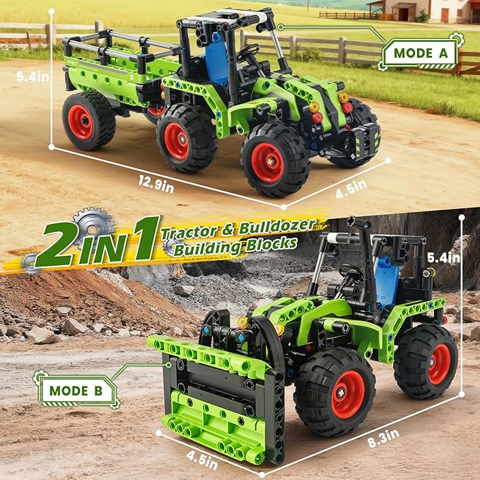 Jumlys STEM Building Toy for Kids Boys Girls Age 5, 6, 7, 8, 9, 10, 11, 12 Years Old, 2 in 1 Tractor Bulldozer Building Sets, 346 Pcs DIY Engineering Construction Building Blocks Kits