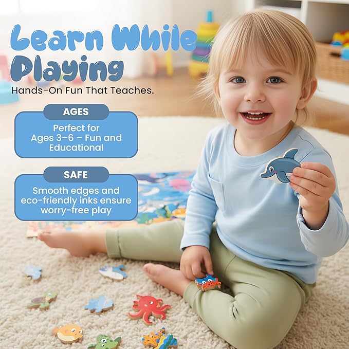 Jumbo 3D Ocean Floor Puzzle for Kids – Includes 7 Stand-Up Sea Animals - 48 pc Jumbo Jigsaw Puzzle | Educational Screen Free Activity for Toddler, Preschoolers and Kids Ages 3+ (2 x 3 Feet)