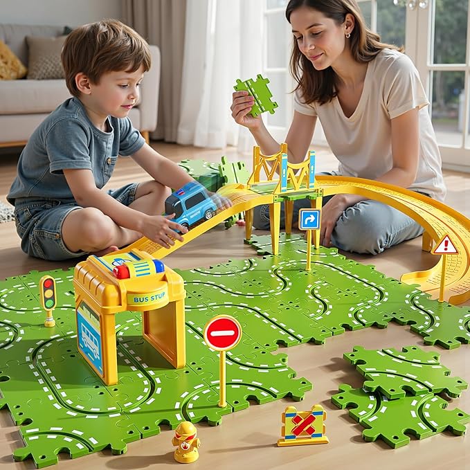 2-Tier Large Puzzle Race Car Track Set for Kids 3-5, Puzzle Tracks Car Play Set, Race Tracks Toys for Toddler Boys 3 4 5 6 Year Old, Birthday Gifts for Kids 3 4 5 6 7 8 Year Old Boys Girls