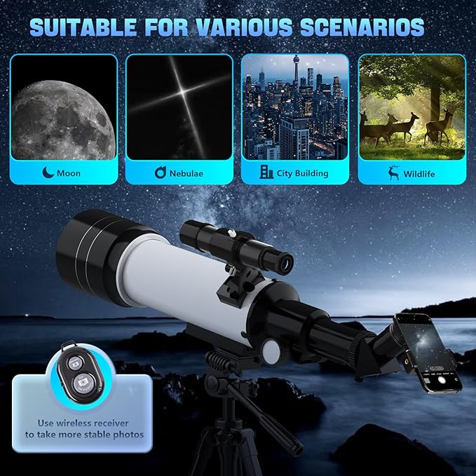 Telescope, Telescope for Adults & Kids, 70mm Aperture 400mm Refractor Telescopes for Astronomy Beginners with AZ Mount Tripod & Phone Adapter & Carry Bag, for Men
