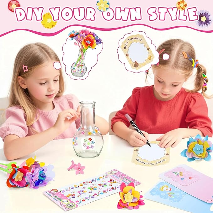 DIY Flowers Craft Kit for Girls, Flower Bouquet Maker Machine with 120 Fabric Petals, 14 Greeting Cards, Gift Wrap, Vase & Storage Bag, Creative Floral Arts and Crafts Toy for Kids Ages 3-12