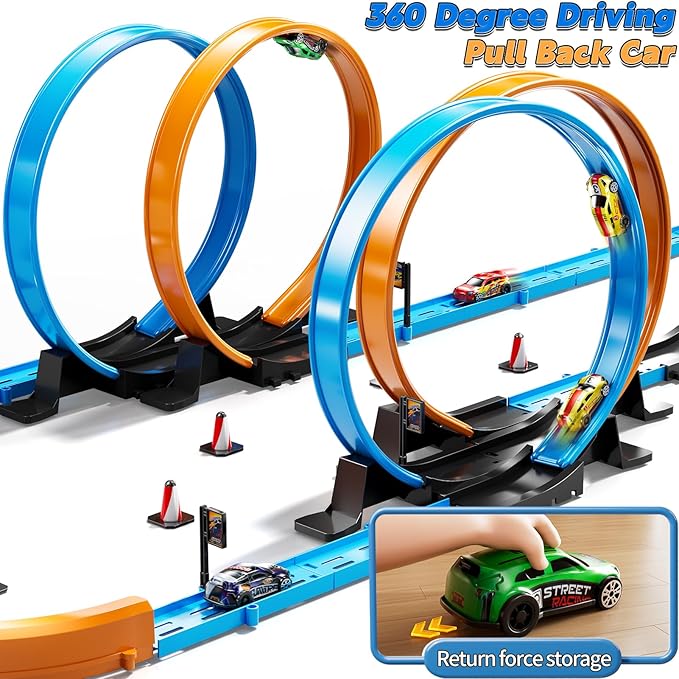 Toy Car Track Gift Set for Boys Kids Age 3-5 4-7 8-12, Long Race Tracks with 4 Action Loops and 4 High-Speed Slot Die-Cast Race Cars, 35+ Pieces Race Tracks to Create Multiple Configurations
