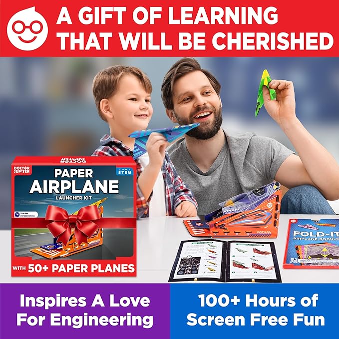 Doctor Jupiter Paper Airplane Book Kit, Crafts for Kids Ages 6+ | Birthday Gift Ideas for 6-7-8-9-10-11-12 Year Old Boys & Girls | Learning & Educational STEM Toy with 50 Paper Airplanes and Launcher