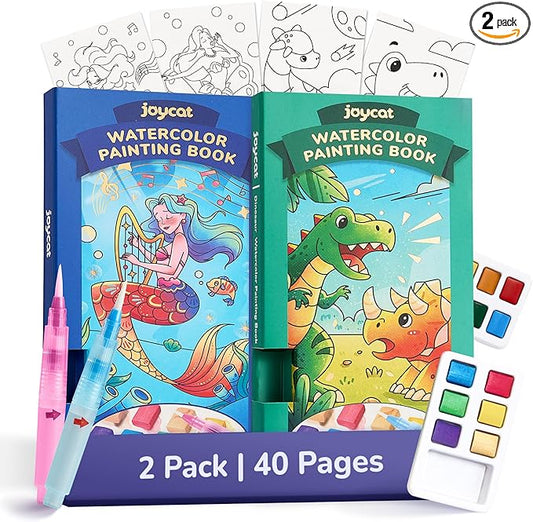JoyCat 2 Pack Pocket Paint with Water Coloring Books for Kids, Art & Craft Activity Toy Set, Creative Travel & Home Painting Kit, Gifts for Girls & Boys Ages 3-8 (Ocean Princess & Dinosaurs)