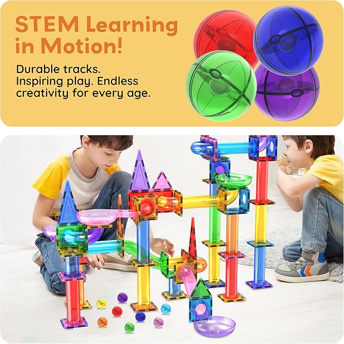 PicassoTiles 4pc Marbles for Magnetic Block Tiles Marble Run Race Track Magnet Building Tile Blocks Racetrack Maze Construction Toys Creative Toy Girls Boys 3 and Up Early Education STEM Learning Kit