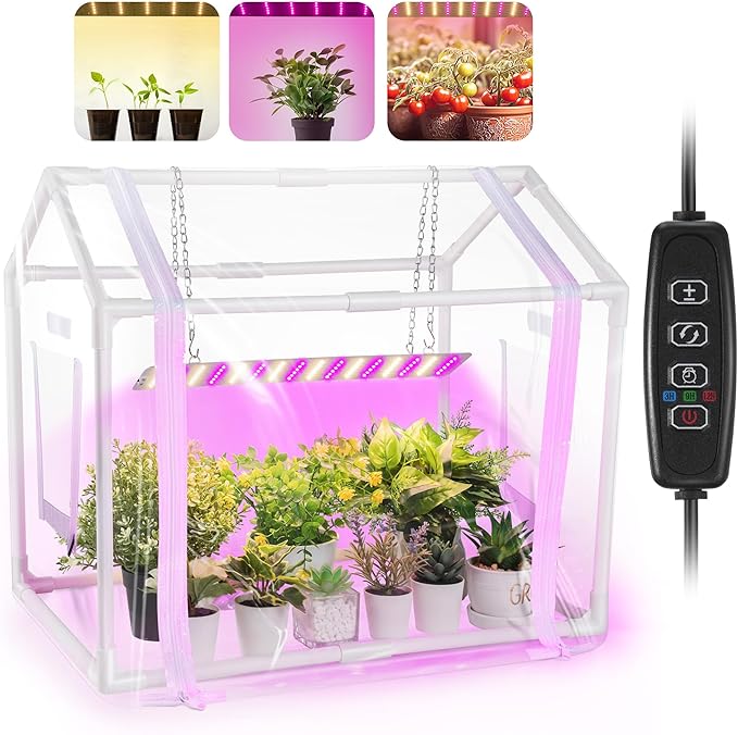 Meonum Mini Greenhouse with Grow Light for Indoor, 23.6"x15.7"x19.6" Tabletop Small Greenhouse Kit with 15W Plant Dimmable LED Grow Lights and Timer, 3 Light Color Mode for Seed Starter Tray