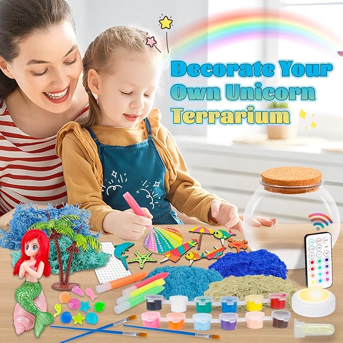 Mermaid Terrarium Kit for Kids - Arts & Crafts Activities Sets With Glow in The Dark Painting - DIY Mermaid Toys Birthday Gifts for Girls Age 5, 6, 7, 8, 9, 10, 11 & 12 Year Old(Mermaid Terrarium)