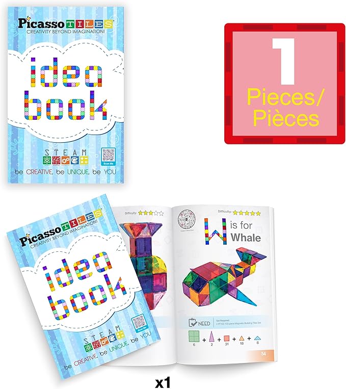 PicassoTiles Magnetic Tile Building Idea Book 230 Pages Illustrated Design Guide with 300 Creative Builds for Kids STEM Learning Creativity and Brain Development Educational Toy Ages 3 Plus PTIDEABOOK