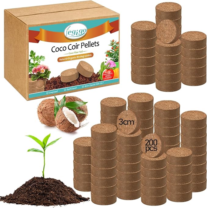 Legigo 200 Pcs 30mm Coco Coir Pellets Seed Starter Soil Mix- Organic Coconut Coir Potting Soil Pods for Seedling, Coco Peat Soil Discs for Indoor & Outdoor Plants Bonsai Herbs Vegetables and Flowers