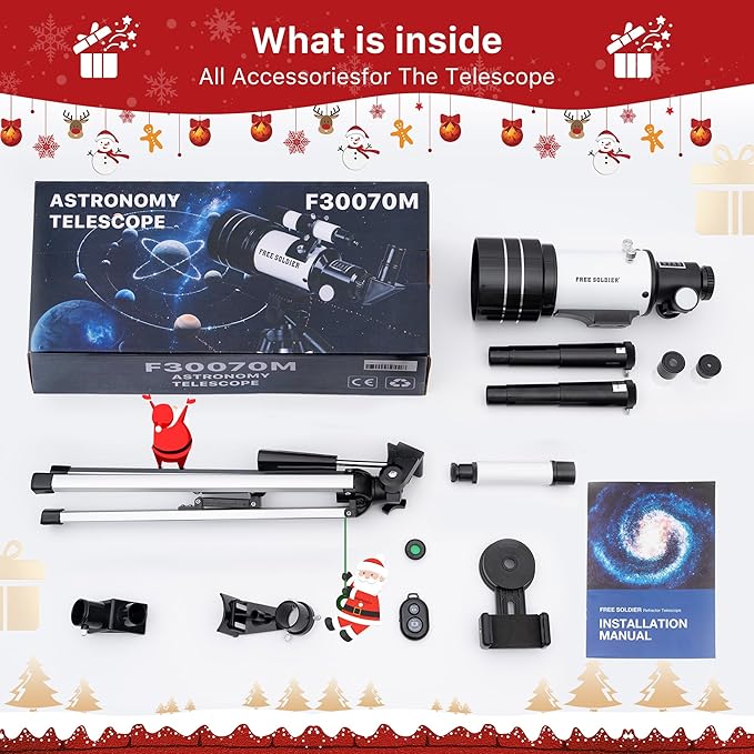 FREE SOLDIER Telescope for Kids 70mm Aperture Astronomical Refractor Telescopes for Beginners (15X-150X) 300mm Telescope for Adults High Powered with A Phone Adapter & A Wireless Remote (White)
