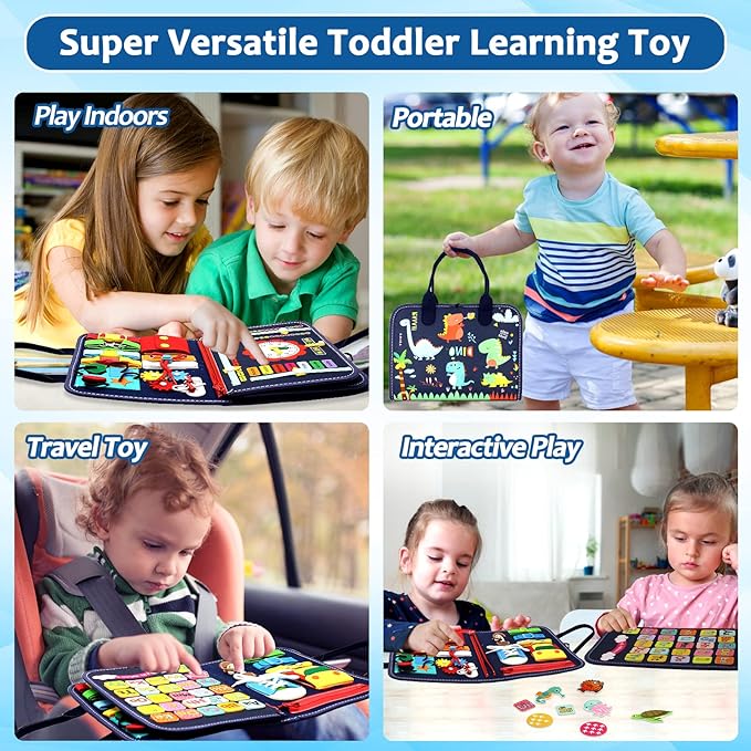 Qizfun Montessori Busy Board & Busy Book for Toddlers – Sensory & Learning Toy That Keeps Kids Busy, Travel Toy for Airplane & Car, Screen for Boys & Girls (Blue/P4)
