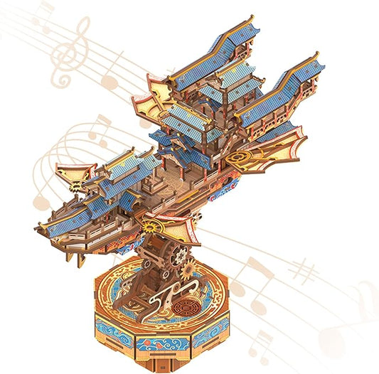 Tonecheer 3D Wooden Puzzle for Adults, DIY Japanese Wooden Ship Model Kit with Music, Orien Airship Vintage Movable Building Kit Best Gift Ideas for Boys and Men - Wind Voyager