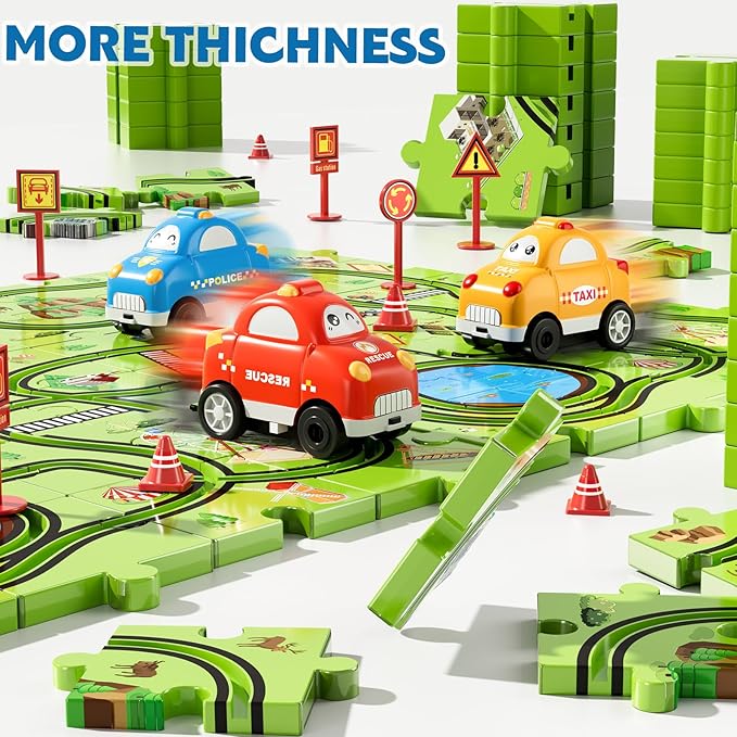 64 PCS Puzzle Track Car Set Toys for Kids Boys, Toddler Toys Gifts for 3 4 5 Year Old, Floor Puzzle Tracks Car for Boys Ages 3-5 4-6, for 3 4 5 6 Year Old