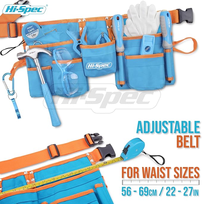 Hi-Spec 16pc Kids Tool Set with Tool Belt – Real Child-Sized Tool Kit for Boys & Girls, DIY Building, Hand Tools, Woodworking, Carpentry, STEM Learning, Construction Play Set – Blue