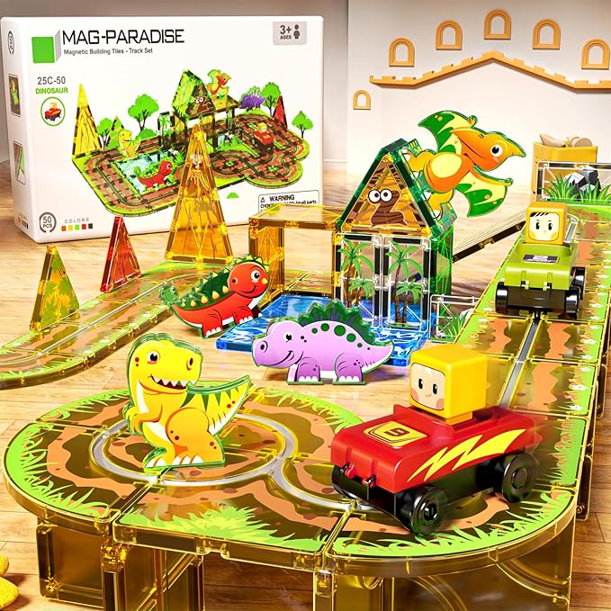 Double-Sided Magnetic Tiles with Sliding Tracks Dinosaur Toys, 50Pcs with Cars for Kids 3 4 5 6 7 8 Magnetic Building Toddler Toys, STEM Preschool Educational Magnet for Boys Girls