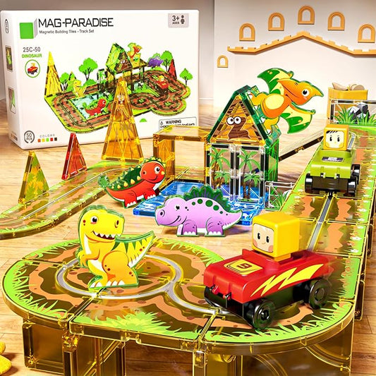 Double-Sided Magnetic Tiles with Sliding Tracks Dinosaur Toys, 50Pcs with Cars for Kids 3 4 5 6 7 8 Magnetic Building Toddler Toys, STEM Preschool Educational Magnet for Boys Girls
