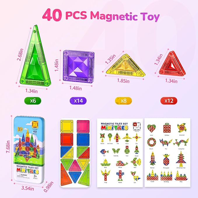 Sparkling Diamond Mini Magnetic Tiles, 40PCS Travel Magnetic Tiles with Metal Case, Portable On-The-Go Magnet Tiles, STEM Educational Construction Set Travel Toys for Kids, Boys and Girls Ages 3+