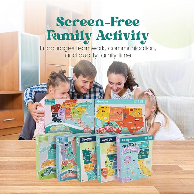 Geotoys USA Regional Jigsaw Puzzles Bundle - Set of 7 Educational Games for Kids 8-12 of Age - 250 Piece Puzzles for Kids Featuring New England, Midwest & More - Regional US Map Puzzle with Flags