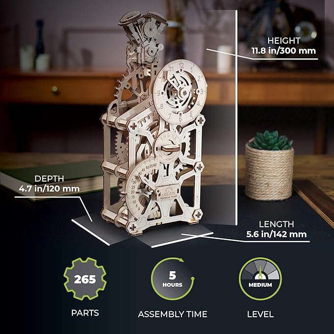UGEARS Engine Clock 3D Wooden Puzzles for Adults – Wooden Model Kits for Adults, Mechanical Clock Kit with Moving Pistons, Steam Engine Kits, Clocks Kits for Do It Yourself, Brain Teaser 3D Puzzle
