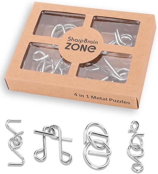 4-in-1 Puzzle Bright Curve Set by Sharp Brain Zone – Heavy Duty Metal Brain Teasers, Unique IQ Puzzle Games for Problem Solving, Stress Relief, Focus Training and Entertainment