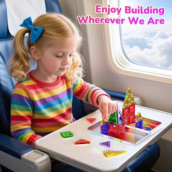 Sparkling Diamond Mini Magnetic Tiles, 40PCS Travel Magnetic Tiles with Metal Case, Portable On-The-Go Magnet Tiles, STEM Educational Construction Set Travel Toys for Kids, Boys and Girls Ages 3+