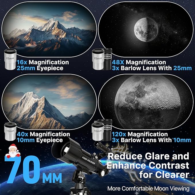 FREE SOLDIER Telescope for Kids 70mm Aperture Astronomical Refractor Telescopes for Beginners (16X-120X) 400mm Telescope for Adults High Powered with A Phone Adapter & A Wireless Remote (Black)