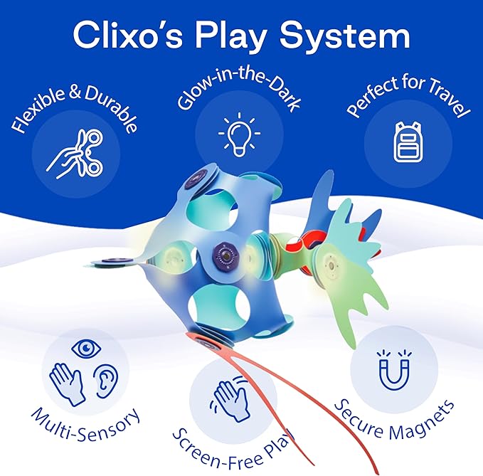 Clixo Ocean Creatures Pack - Glow-in-The-Dark Magnetic Building Toy - 24 Flexible Magnet Pieces for Underwater Adventure. Imaginative STEM Toy. Screen Free Kids Gift & Travel. Ages 6+ [New]