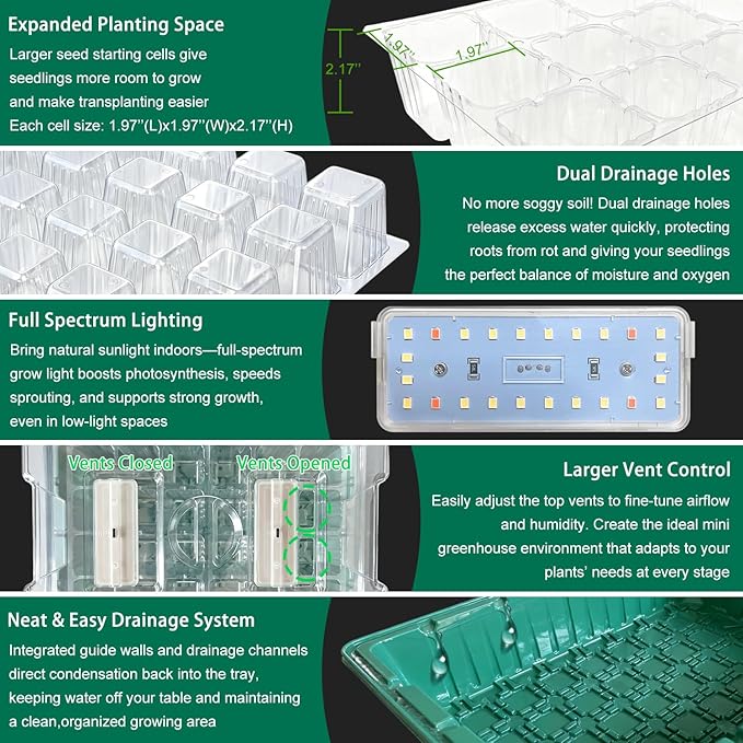Seed Starter Tray with Grow Light and Heat Mat, Seed Starter Kit with Humidity Dome and Timing Controller, Adjustable Vent and Brightness, Ideal Germination Tray for Seed Starting and Seedling Growing