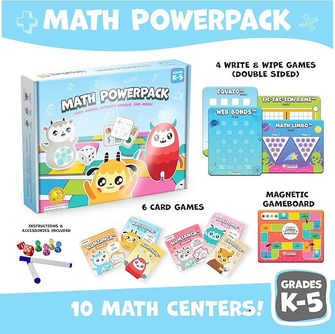 Math PowerPack – 10 Game Learning Kit for Grades K–5 – Build Skills in Numbers, Operations, Money, and More