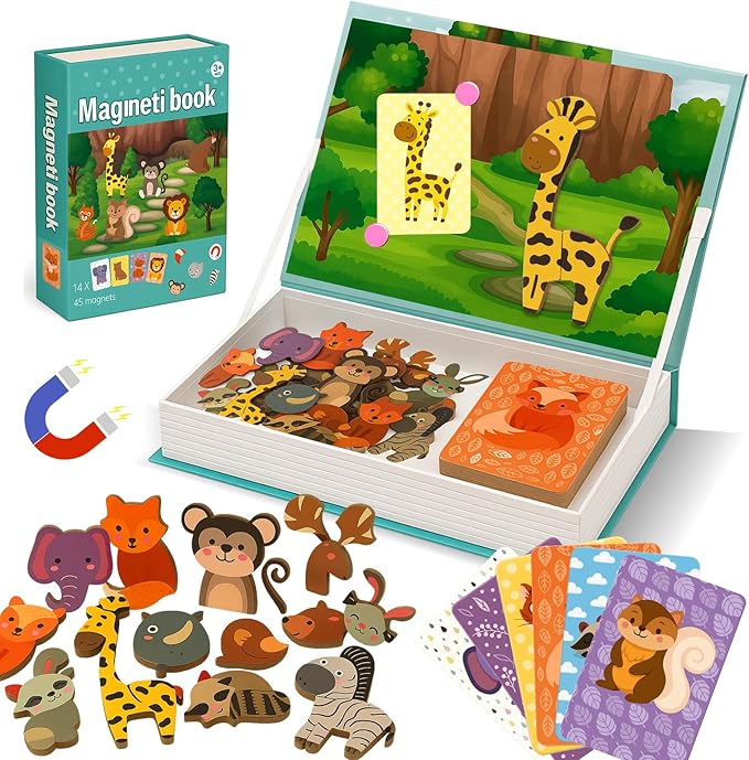 Animal Magnetic Busy Book for Toddlers, Montessori Quiet Travel Toy with 45 Magnets & 14 Activity Cards - Magnet Puzzles Airplane Toys for Kids Ages 3+, Educational Preschool Learning Game