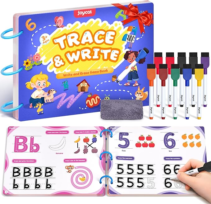 JoyCat Preschool Learning Activities 48 Reusable Pages, Handwriting Practice for Kids Toddlers, Tracing Letter Number Workbooks, Educational Autism Busy Book, Learning Gift Toys for 3 4 5 Year Olds