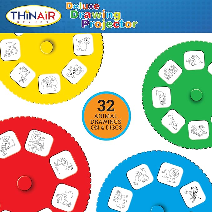 Thin Air Brands Drawing Projector for Kids 3 & Up | Preschool Tracing Projector Kit Includes 32 Animal Drawings on 4 Sturdy Discs, 8 Crayons & 1 Pad of Drawing Paper for Fun Play-Based Learning