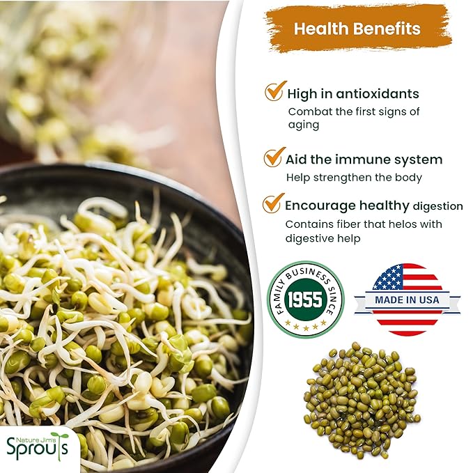 Nature Jims Sprouts Mung Bean Sprouting Seeds – Non-GMO Mung Beans for Growing Nutritious, Fresh Sprouts – Packed with Vitamins, Minerals & Fiber – Premium Resealable Bag for Longer Freshness – 16 Oz