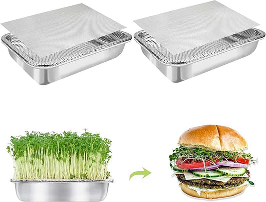 Stainless Steel Sprouts Growing Kit 2-Tier 12.4 inch Trays, Microgreens Growing Kit, Seed Sprouting Tray with Encrypted Mesh Sprouts for Beans Alfalfa Broccoli Wheat Grass