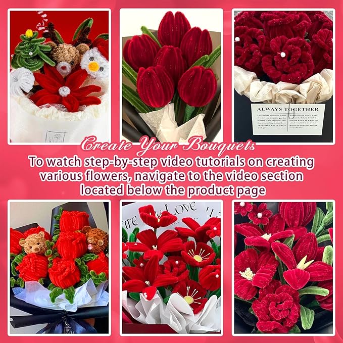 500 Pcs Pipe Cleaners Craft for Flowers, Pastel Chenille Stems for DIY Art Projects Creative Gift(6 Colors), Pipe Cleaner Flower Kit with Floral Stems, Gardening Tape,Stamen& Pearls (Rose Flower)