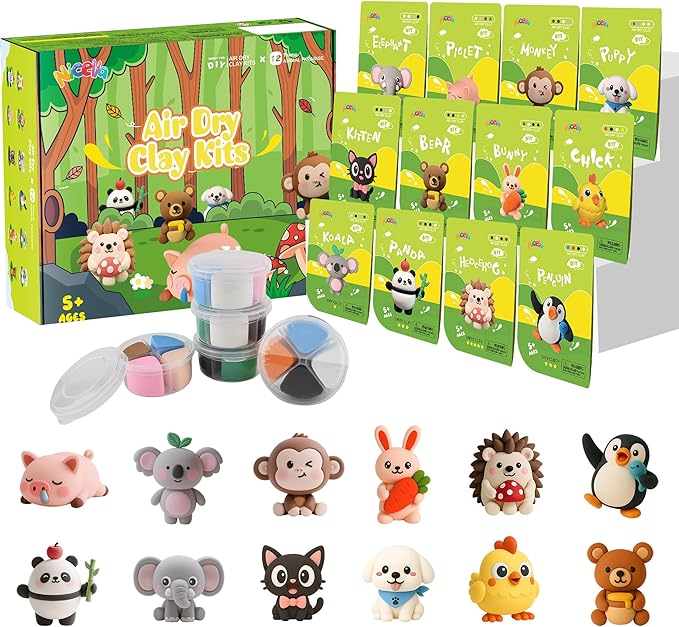 Air Dry Clay Kit, 12 Animals Modeling Clay for Kids, Model Magic Clay with Sculpting Tools and Tutorials, Safe & Non-Toxic, DIY Arts & Crafts School Projects, Home Party Favors for Boys & Girls