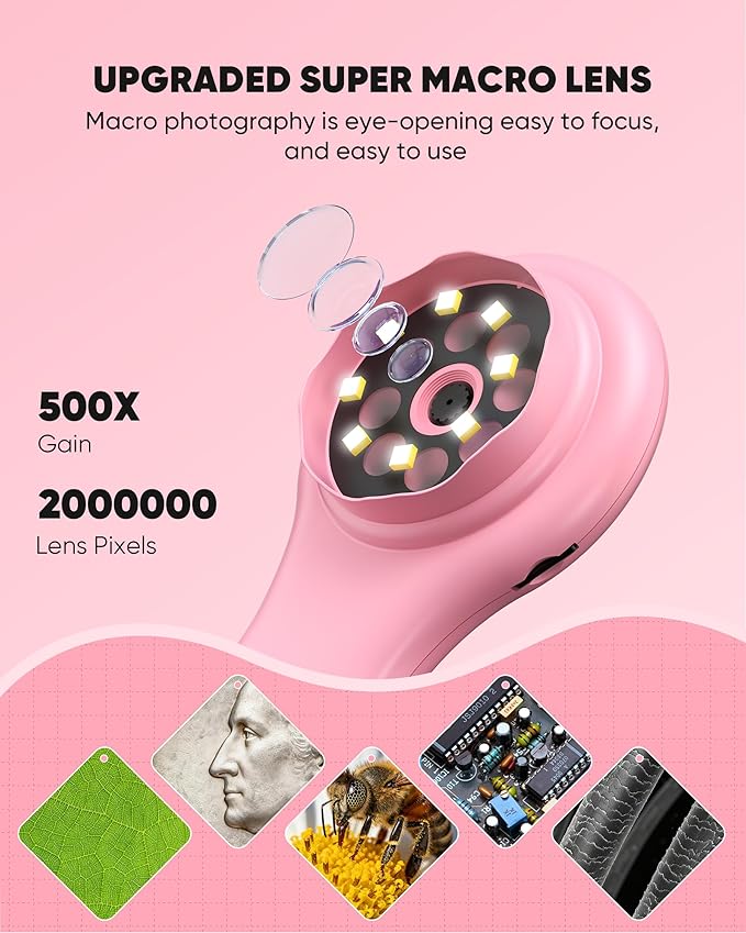 T TAKMLY Mini Pocket Digital Microscope, Macro Fixed Focus Magnifying Glass, Portable Handheld USB Digital Microscope 500x Magnification, 4X Zoom