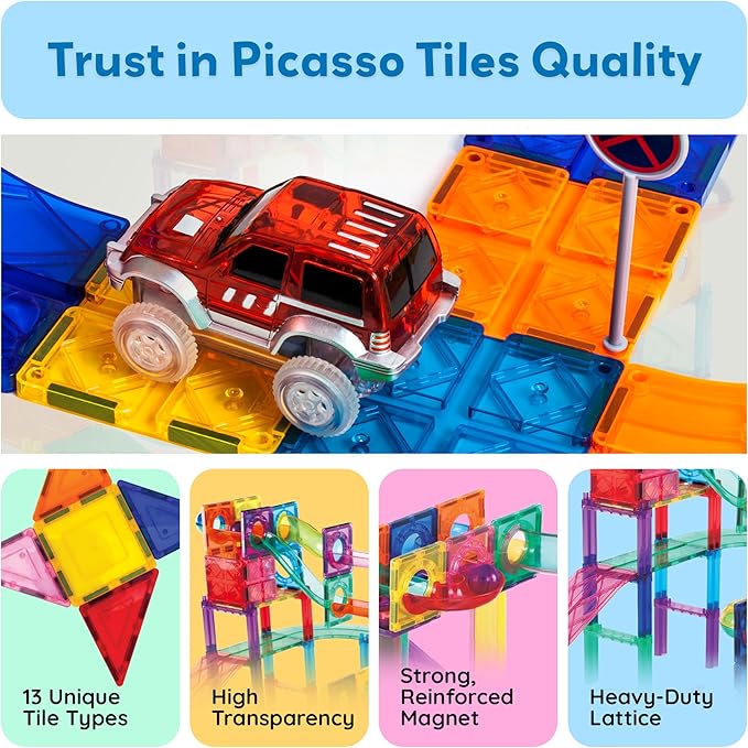 PicassoTiles 108pc Magnetic Marble Run Set with Building Tiles Race Track Car Slides Set STEM Learning Toy 3-in-1 Preschool Construction Kit for Indoor Activity and Development for Kids age 3+ PTG108