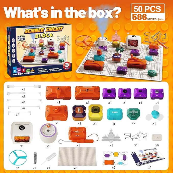 Science Kits for Kids - STEM Kits for Kids, Electronics Exploration Kit, Over 420 Projects, 50 Circuit Parts with Bubble Maker，Fan & Flying Helicopter , STEM Educational Toy Gifts for Boys& Girls