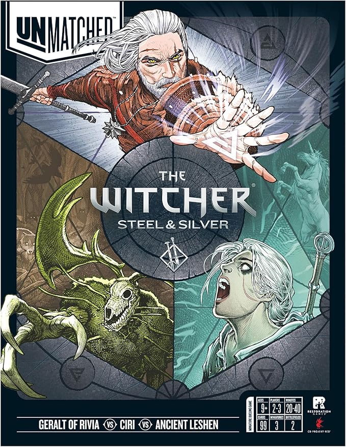 Restoration Games Unmatched The Witcher Steel & Silver - Strategy Board Game for Adults - Witcher Heroes Expansion with Double Sided Battlefield - 2-3 Players - 30 Min Playtime - Ages 9+