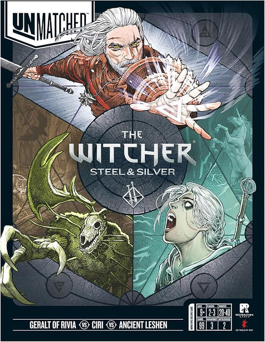 Restoration Games Unmatched The Witcher Steel & Silver - Strategy Board Game for Adults - Witcher Heroes Expansion with Double Sided Battlefield - 2-3 Players - 30 Min Playtime - Ages 9+