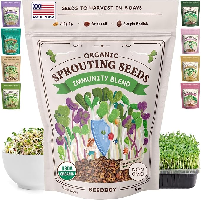 Seedboy Organic Non-GMO Sprouting Seeds, Immune System Booster - USA Grown Microgreens Mix with Broccoli, Purple Radish, Alfalfa - 8 oz Bag Makes 8 Quarts / 24 Servings (Immune System Booster Blend)
