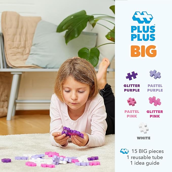 PLUS PLUS Big – 15 Piece Glitter Mix – Construction Building Stem/Steam Toy, Interlocking Large Puzzle Blocks for Toddlers and Preschool, Open Play Tube