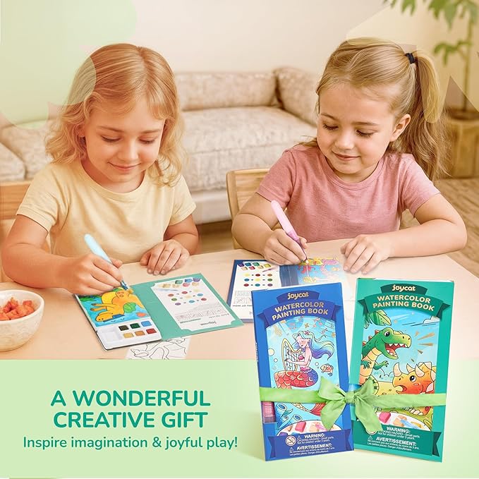 JoyCat 2 Pack Pocket Paint with Water Coloring Books for Kids, Art & Craft Activity Toy Set, Creative Travel & Home Painting Kit, Gifts for Girls & Boys Ages 3-8 (Ocean Princess & Dinosaurs)