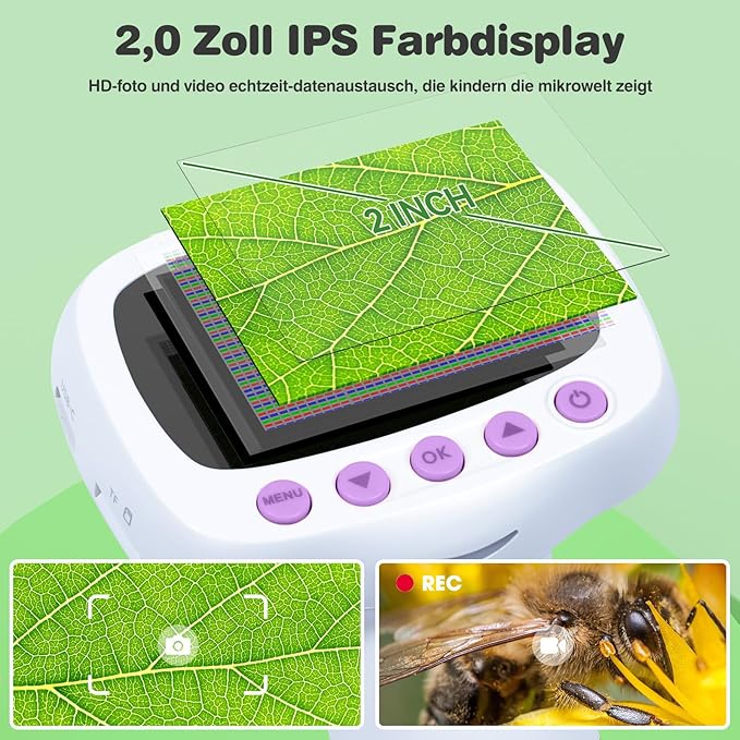 Pocket Kids Microscope for Over 3 Years Old, 1000X Handheld Microscope for Kids w/2''IPS Digital, Photo Video Mini Portable Microscopes, Science Edu Digiscope, Idea for Kids