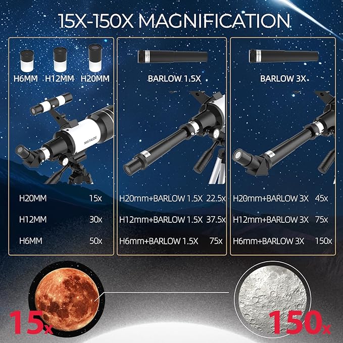 Telescope for Beginners, 70mm Aperture Refractor Astronomy Telescope with 300mm Focal Length, 15X-150X Magnification, Tripod, Phone Adapter, Wireless Remote