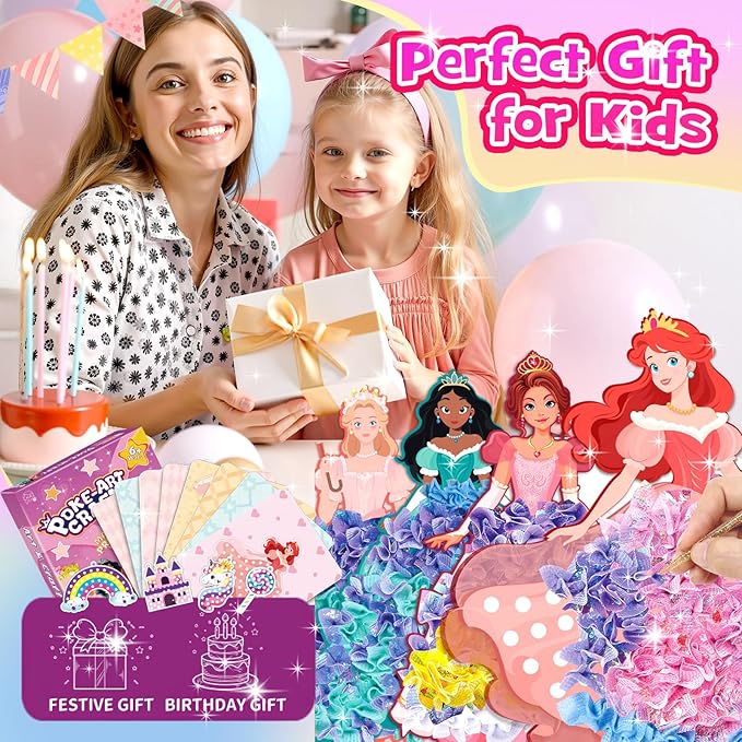 Poke in Fun Magical Princesses Kit, Arts and Crafts for Girls with 8 Magical Princesses, Mess-Free Fun for Kids, DIY Craft Kits, Gifts for Girls & Boys Ages 3-12